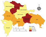 Thumbnail of Distribution of suspected Zika virus infection in pregnant women in the Dominican Republic, by region, 2016–2017.