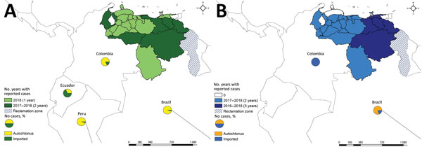 States affected by (A) measles and (B) diphtheria (blue), Venezuela, 2017–2018. Circles indicate neighboring countries reporting imported and autochthonous cases of these 2 diseases. Reclamation zone is a territory under dispute between Guyana and Venezuela.