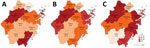 Thumbnail of Heatmap of rates of carbapenem-resistant Pseudomonas aeruginosa each year in administrative districts in Zhejiang Province, China. A) 2015; B) 2016; C) 2017.