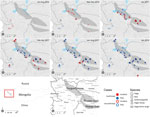 Thumbnail of Spatio-temporal distribution of confirmed and unconfirmed cases of peste des petits ruminants (PPR) in several wild ungulate species in Mongolia. Each panel illustrates cases that occurred during the panel-specific time period (incident cases) and cases that occurred during previous periods (past cases). In the 2 periods before the first laboratory confirmation of PPR in saiga in December 2016, two clusters of unconfirmed cases (open shapes) were documented and matched the pattern o