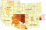 Number of Onchocerca lupi nematode–positive coyotes collected, southwestern United States, 2015–2018. Positivity rates are provided for each county with O. lupi–positive coyotes.