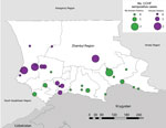 Thumbnail of Number of CCHF-seropositive cases in villages included in serologic survey for tickborne diseases, Zhambyl Region, Kazakhstan. Circle size denotes the number of IgG antibody–positive serology results indicating past exposure or IgM antibody–positive serology results indicating recent exposure to CCHF. Purple circles indicate that the village had previous known history of CCHF; green circles indicate the village had no known history of CCHF. CCHF, Crimean-Congo hemorrhagic fever.