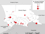 Thumbnail of Number of Borrelia burgdorferi–seropositive cases in villages included in serologic survey for tickborne diseases, Zhambyl Region, Kazakhstan. Circle size denotes the number of IgG antibody–positive serology results indicating past exposure to B. burgdorferi.