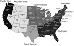 Thumbnail of Number of samples collected from 42 states in study of influenza D virus in cattle, United States, 2014–2015. Asterisks (*) indicate states with 1 slaughter plant that contributed samples. Alaska, Hawaii, and states without numbers did not contribute samples.