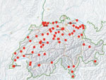 Thumbnail of Distribution of centers participating in a prevelance study comparing molecular and toxin assays for nationwide surveillance of Clostridioides difficile, Switzerland. Red circles represent location of participating centers.