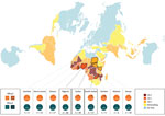 Summary of pfhrp2 and pfhrp3 deletion key results showing pfhrp2 and pfhrp3 deletion results for Plasmodium spp. isolates,  by parasite country of origin (where n>4), Australia. National P. falciparum endemicity depicted is measured as population-weighted mean P. falciparum infection rate of children 2–10 years of age, using data available from the Malaria Atlas Project (http://www.map.ox.ac.uk). Data were mapped using the AuthaGraph world map projection to more truthfully visualize the potential paths of dissemination and adjacency of various endemic zones, as this is considered the most accurate representation of land proportions and relative orientations (https://hrcak.srce.hr/185867). P.f., P. falciparum.