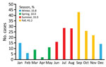 Monthly distribution of cases of endemic murine typhus, Canary Islands, Spain, 1999–2015.