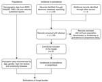 Thumbnail of Flowchart of literature review for the human fungal disease burden in China. Reports published in English during January 1950–October 2019 were searched. GBD, Global Burden of Disease, Injuries, and Risk Factors Study; UNAIDS, the Joint Nations Program on HIV/AIDS; UN, United Nations Population Division; WHO, World Health Organization.