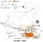 Thumbnail of Locations of trapping sites (circles) used in study of rodentborne Seoul orthohantavirus in Senegal, 2012–2013. Black circles indicate trapping locations of Seoul orthohantavirus–infected black rats (Rattus rattus [family Murinae]). Inset shows location of Senegal in Africa. Map created using the package maptools installed in R studio version 1.2.1335 (https://rstudio.com/products/rstudio/) and shapefiles downloaded from the free domain of the Geographic Information System (http://w