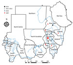 Distribution of Rift Valley fever outbreaks in Sudan, by year. 