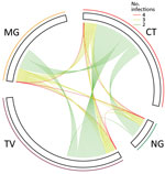 Relationships among sexually transmitted infections in pregnant women, East New Britain, Papua New Guinea, 2015–2017. Each line indicates >2 concurrent infections in 1 participant. The length of each sector corresponds to the number of monoinfections. MG, Mycoplasma genitalium; CT, Chlamydia trachomatis; NG, Neisseria gonorrhoeae; TV, Trichomonas vaginalis.