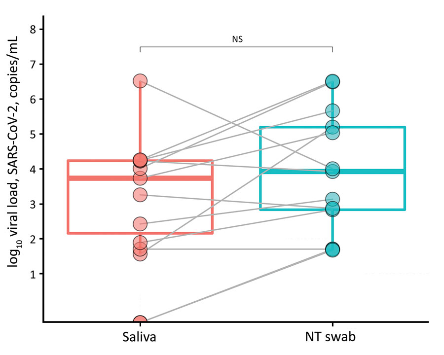 Viral load (copies/mL) of SARS-CoV-2 RNA recovered from paired saliva samples and nasal and throat swab specimens from 14 patients with coronavirus disease, United Kingdom, 2020. Viral loads are shown on a logarithmic scale. NS, not significant; NT, nasal and throat; SARS-CoV-2, severe acute respiratory syndrome coronavirus 2.