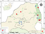 Mosquito collection sites indicating collection locations of Shuni virus–positive (circles) and negative (triangles) mosquito pools, South Africa, January 2014–May 2018. Inset map shows location of South Africa in Africa.