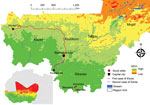 NDIV map showing 3 study sites, Bamba, Banzana, and Soromba (red circles), for investigation of Ebola virus IgG seroprevalence in southern Mali. Red line indicates first Ebola virus introduction into Mali; purple dashed line indicates the second. Inset map shows NDIVs of countries in West Africa. NDIV, normalized difference vegetation index.