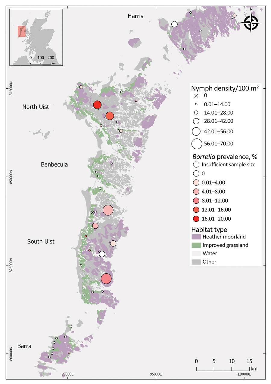 Tick collection sites for study on Lyme disease hazard, Western Isles, Scotland, UK, 2018–2019. Prevalence was not estimated at sites where <50 ticks were collected. Circle size indicates questing tick density. Circle color indicates Borrelia burgdorferi sensu lato prevalence. X indicates sites at which no ticks were detected.