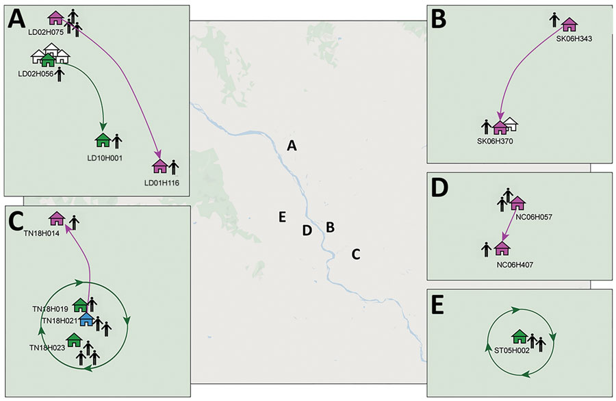 Approximate locations of dengue virus serotype 1 household transmission clusters and chains, Kamphaeng Phet, Thailand. Chains were confirmed by Bayesian consensus sequence (magenta houses) or minor variant (green houses) analyses or both methods (blue house). Households are described by their subdistrict, cluster, and house numbers, such that the first 2 letters denote subdistrict, the next 2-digit number denotes cluster, and an H followed by a 3-digit number denotes house number. LD, Lan Dokmai; NC, Nakhon Chum; SK, Sa Kaeo; ST, Song Tham; TN, Thep Nakhon.