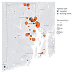 Seropositivity for severe acute respiratory syndrome coronavirus 2 among hospital and nursing home personnel, by facility, Rhode Island, USA, July–August 2020. Map based on average of longitude and average of latitude. Marker size is proportional to facility-level seroprevalence. Facilities with participant sample size <10 are not shown.