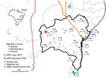 Geographic distribution and PRNT90–validated West Nile virus seroprevalence among equids per sampling site in Bahia State, Brazil. Inset shows location of Bahia State in northeastern Brazil. Sample sizes are shown only for locations with seropositive animals. Avian migratory routes are based on the 2016 annual report of the Chico Mendes Institute for Biodiversity and Conservation (https://www.researchgate.net/publication/292980285_Annual_Report_of_Flyways_and_Priority_Areas_for_Migratory_Birds_in_Brazil_Relatorio_anual_de_rotas_e_areas_de_concentracao_de_aves_migratorias_no_Brasil). PRNT90, plaque-reduction neutralization tests with a 90% endpoint.