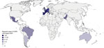 Global distribution of the 186 CAPA patients reported in the literature and FungiScope registry, March–August 2020. In total, 39 patients were from France, 36 from Italy, 26 from Spain, 23 from Germany, 14 from the Netherlands, 11 from the United Kingdom, 9 from Pakistan, 8 from Belgium, 6 from Mexico, 3 from Brazil, 3 from Switzerland, 2 from Denmark, 2 from Qatar, 1 from Argentina, 1 from Australia, 1 from Austria, and 1 from Ireland (Appendix Table 8). CAPA, COVID-19–associated pulmonary aspergillosis; COVID-19, coronavirus disease.