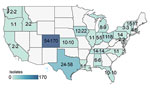 Geographic distribution of 364 Mycobacterium avium complex isolates from 186 patients, by cystic fibrosis care center state of origin in study of M. avium complex clusters in cystic fibrosis centers, United States. Numbers in each state are the number of patients with cystic fibrosis and total isolates contributed from centers within the state. 