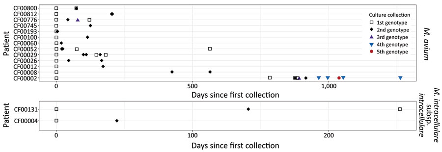 Polyclonal Mycobacterium avium complex (MAC) infections in 15 persons with CF in a study of MAC clusters in CF centers, United States. Persons with CF who had >1 MAC isolate were analyzed for the presence of multiple strains within a given MAC species. For M. avium (top) and M. intracellulare subsp. intracellulare (bottom), each row on the y-axis is a person with CF, and the x-axis represents the number of days after the first MAC isolate with whole-genome sequencing was collected. Each point represents a sequenced isolate and the shape represents a unique genotype. The plots do not represent all positive cultures in the patients’ histories, but they illustrate how strains change, alternate, or both over time. In some cases, different strains were isolated on the same day or within a 1-week period. CF, cystic fibrosis.