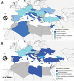 Geographic distribution of mandatory notification status for animal (A) and human (B) leishmaniases, 2020.