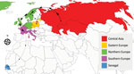 Origin and spread of the highly pathogenic avian influena H5N1 virus. Five discrete geographic regions, namely Central Asia, Northern Europe, Eastern Europe, Southern Europe, and Senegal, are defined and marked with different colors. The routes of migration supported by a Bayes factor >10 are displayed in the map as thin dashed lines; thicker dashed lines indicate Bayes factor >20.