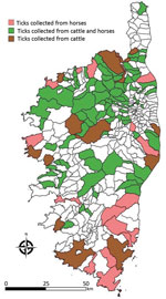 Locations of tick collection sites (for cattle and horses) for a study of Crimean–Congo Hemorrhagic fever virus in ticks from wild and domestic animals, Corsica, France, 2016–2020.