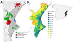 Crimean-Congo hemorrhagic fever virus (CCHFV) seropositivity in Iberian ibexes (Capra pyrenaica), mouflons (Ovis aries musimon), and wild boars (Sus scrofa), Valencia region, Spain, 2010–2021. A) Areas in Valencia where tested animals were seropositive and seronegative. Green indicates all samples were seronegative; red indicates >1 sample was seropositive; gray indicates areas not sampled. Asterisk (*) indicates Chera and dagger (†) indicates Vilanova d'Alcolea, 2 areas of CCHFV-seropositivity in wild boars outside the main areas in which Iberian ibexes and mouflons tested positive. B) Density of human population, Valencia region, Spain 2015. Areas with red outlines coincide with areas in which CCHFV-seropositive animals were sampled. Map at right shows the Valencia region in Spain.