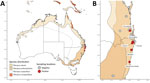 Distribution of flying fox species in Australia (13) and sampling locations for study of HeV variant circulating in flying foxes in southeastern Queensland and mid- to north-coast New South Wales, December 2016–September 2020. A) Locations in Australia; B) locations in study area. HeV, Hendra virus; HeV-g2, HeV genotype 2.