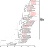 Maximum clade credibility tree of neuraminidase gene of influenza A(H5N6) viruses, China. Red indicates human-origin H5N6 viruses; blue triangles indicate vaccine strains recommended by the World Health Organization; blue dot indicates the most recent common ancestry of clade 2.3.4.4b H5N6 human viruses in 2021. Posterior probabilities >0.9 are labeled on the branches.