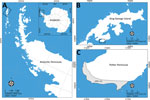 Sampling locations for study of Histoplasma capsulatum in Antarctica. A) Location of the Antarctic Peninsula in the Antarctica continent; B) King George Island; C) Potter Peninsula and the Antarctic Specially Protected Area ASPA N°132. Source: SCAR Antarctic Digital Database (https://www.scar.org/resources/antarctic-digital-database).