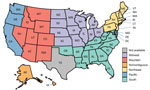 States in each region used in study of factors associated with delayed or missed second-dose mRNA COVID-19 vaccination among persons >12 years of age, United States.