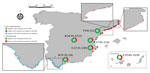 Spatial distribution of cetaceans sampled in a survey of HEV in 304 cetaceans belonging to 13 species in Spain during n 2011–2022. The frequency of seropositivity and number of seropositive and total animals analyzed at each zoological park (A–F) is shown in parentheses. Callouts show detail of sampling along the Atlantic and Mediterranean coastlines. *Animal sampled in the Guadalquivir River. †This animal was not analyzed by reverse transcription PCR. ‡One of the sampled animals of this zoo park was not tested by reverse transcription PCR. HEV, hepatitis E virus.