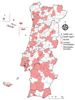 Data collection sites for study of seroprevalence of specific SARS-CoV-2 antibodies during the Omicron BA.5 wave, Portugal, April–June 2022 (ISN4COVID-19 study). NUTSIII, territorial units for statistics level III.