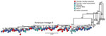 Single-nucleotide variants per gene for Zika virus strains obtained from study participants in northern Brazil. Amino acid changes in the polyprotein are allocated along the genome. Only mutations that appear in >10% (lines) of sequences are shown. Env, envelope; Prop, propeptide; Memb, membrane; NS, nonstructural; UTR, untranslated region.