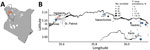 Prevalence of Plasmodium vivax infection in communities along the Turkwel River in study of P. vivax prevalence in semiarid region of northern Kenya, 2019. Household members of patients with P. falciparum infections were tested for P. vivax infection. A) Study area (red box) in Turkana County, northwestern Kenya. Gray shading indicates <0.01% prevalence of P. vivax infections; white shading indicates no detected infections. Data from the Malaria Atlas Project. B) Coordinates of different study enrollment sites. Main black line across the graph indicates the Turkwel River in Turkana County. Sizes of dots indicate number of household members enrolled; colors indicate percentages of household members who were positive for P. vivax by qualitative PCR. 