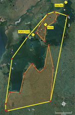 Minimum convex polygons (MCP) of Egyptian rousette bat (Rousettus aegyptiacus) total forage area, southwest Uganda, February and August 2022. Yellow lines indicate MCP of forage area overall (1,887 km2); orange lines indicate MCP of forage area in agricultural communities (846 km2). Red dots for all MCPs indicate the outermost peripheral sites where the bats fitted with micro‒global positioning system units foraged for >30 minutes. MCPs are shown in relation to Python Cave, where the Egyptian rousette bats roost and were fitted with the micro‒global positioning system; the house visited by bat MV19; and Kitaka Mine, the site of a 2007 Marburg virus outbreak.