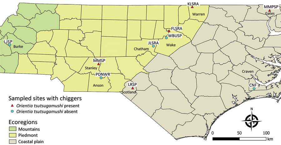 Study area for investigation of Orientia spp. bacteria in field-collected free-living Eutrombicula chigger mites, North Carolina, USA. Free-living chiggers were collected from 10 sites in 8 counties. CNF, Croatan National Forest; FLSRA, Falls Lake State Recreation Area; JLSRA, Jordan Lake State Recreation Area; KLSRA, Kerr Lake State Recreation Area; LJSP, Lake James State Park; LRSP, Lumber River State Park; MMPSP, Merchant Millpond State Park; MMSP, Morrow Mountain State Park; PDNWR, Pee Dee National Wildlife Refuge; WBUSP, William B. Umstead State Park.