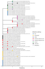 Sequences from samples from case-patients in COVID-19 outbreak, Hesse, Germany, 2021 (red circles). Sequences cluster tightly together when placed in a global phylogenetic tree, with the exception of 1 outlier. The outlier sequence from 1 air traveler was removed from the outbreak case-patients on the basis of lack of sequence similarity compared with other outbreak sequences. The global phylogenetic tree includes all SARS-CoV-2 sequences GISAID (https://gisaid.org), GenBank, COVID-19 Genomics UK Consortium (https://www.cogconsortium.uk), and the China National Center for Bioinformation (https://www.cncb.ac.cn) databases as of July 16, 2023 (total ≈15 million sequences) and was downsampled to ≈2,000 sequences for easier visualization.