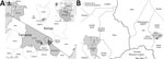 Location of sampling sites in study of population structure and antimicrobial resistance in Campylobacter jejuni and C. coli isolated from humans with diarrhea and from poultry, East Africa, 2006–2017. A) Data collection sites in Lwak and Kibera in Kenya and Arusha and Kilimanjao in northern Tanzania. Inset shows location of Kenya and Tanzania in East Africa. B) Poultry farm locations sampled in Arusha and Kilimanjaro regions, northern Tanzania.