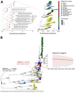 Phylogenetic analysis, temporal emergence, and demographic characterization of DENV-3 in study of origins and genetic dynamics, Jamaica. A) Maximum-likelihood phylogenetic trees of global DENV-3 sequences indicate the strains circulating in Jamaica belong to genotype III and are organized into 3 independent clades (left tree). The sequences were mapped according to the country of sampling and their genotypes (right tree) by using the ggtreeExtra R package (The R Project for Statistical Computing, https://www.r-project.org). Bootstrap values >80% are displayed for all nodes in the left tree (colored circles at nodes) and only for external nodes and main clade of interest in the main tree (right side). All bootstrap values are shown in Appendix Figure 1. Scale bars indicate nucleotide substitutions per site. B) Time-scaled maximum clade credibility tree of DENV-3 sequences indicates the temporal emergence of DENV-3 strains in Jamaica starting in 2014. tMRCA and 95% HPD intervals for the tree root and the clade containing the sequences from Jamaica are indicated. Confidence values, determined by posterior probabilities, are indicated for external nodes and the node of interest. Full node support for the tree is indicated in Appendix Figure 2, panel A. Bayesian skygrid plot of the effective population size (Ne[τ]) over time indicates median values and 95% HPD intervals. DENV-3, dengue virus serotype 3; HPD, highest posterior density; tMRCA, time to most recent common ancestor.