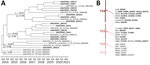 Time-scaled phylogenetic analysis, molecular characterization, dynamics, and natural selection of dengue virus serotype 3 in Jamaica. A) Phylogenetic tree indicates monophyletic clusters of strains from Jamaica (bold text) extracted from the discrete phylogeographic analysis (Figure 2). Discrete sp values (ω) for nodes evaluated for episodic selection are shown. Full sp values for nodes are shown in Appendix Figure 2, panel B. B) Strains were evaluated for amino acid replacements according to each TG. Arrows indicate episodic selection of each main TG clade. Bold text indicates positively selected mutations. sp, state probability; TG, temporal group.