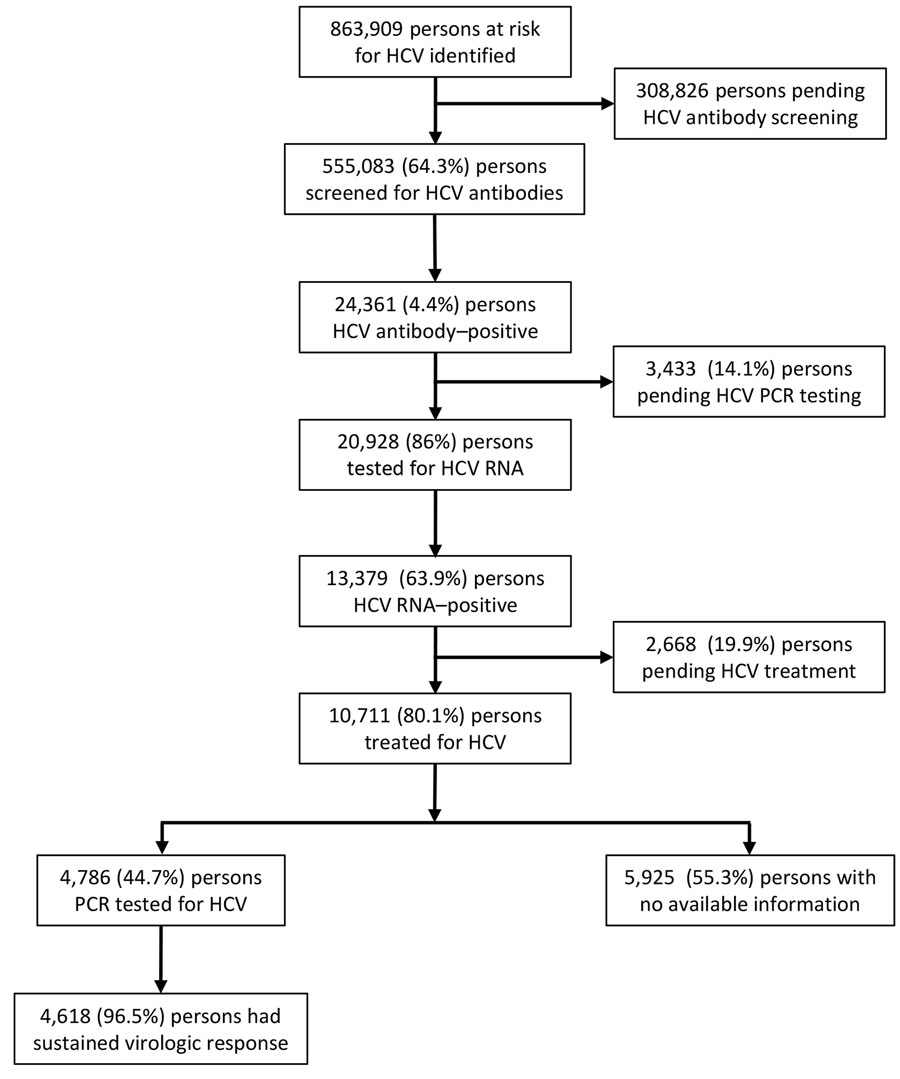 Flowchart of participant enrollment, virologic screening, and HCV treatment in an economic analysis of a national program for hepatitis C elimination, Israel, 2023. HCV, hepatitis C virus.