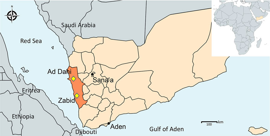 Locations in Yemen where invasive Anopheles stephensi mosquitoes were detected in 2021 and 2022 (yellow diamonds). Map was created by using MapChart (https://www.mapchart.net).