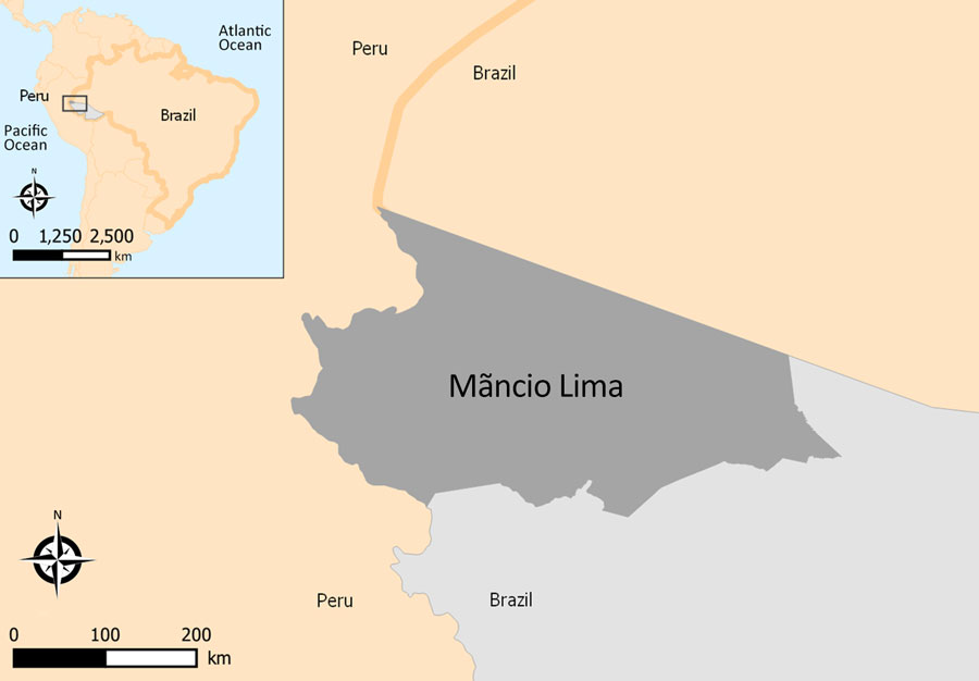 Location of the municipality of Mâncio Lima, Brazil, the study site for study of microscopy sensitivity and decreased malaria prevalence in the urban Amazon Region, Brazil, 2018–2021. Mâncio Lima (dark gray shading), population 19,294 in 2022, is situated in the upper Juruá Valley region (light gray shading) of the western Brazilian Amazon, adjacent to the border with Peru, covering an area of 5,453 km2. Insert map shows location of study area in South America.