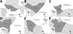 Sampling locations for sand flies that were qPCR positive in the screening for Bartonella spp. DNA from specimens collected in Brazil. A) State of Acre, northern Brazil; B) State of Alagoas, northeastern Brazil; C) State of Roraima, northern Brazil; D) State of Bahia, northeastern Brazil; E) State of Ceará, northeastern Brazil; F) State of Pará, northern Brazil. Dark gray indicates states with positive specimens, and red and blue dots representing the geographic location or city of sampling site. Inset maps show locations of each state in South America.