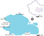 Fecal sample collection for the surveillance of avian influenza viruses at Qinghai Lake, China. Sampling sites in Qinghai Lake during the breeding season are shown. Inset map shows location of Qinghai Lake (blue) and the surrounding area in China. 