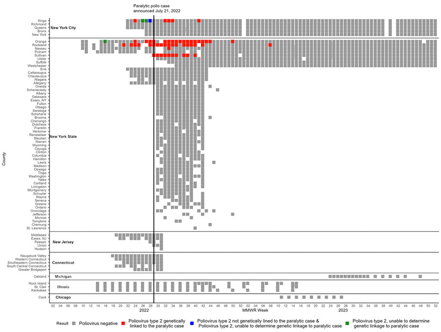 Positive and negative poliovirus results by MMWR week by county and jurisdiction in wastewater surveillance for poliovirus, United States, March 5, 2022–December 31, 2023. Colored squares represent poliovirus results for >1 wastewater samples collected during an MMWR week, including results from prospective testing (New York state, New York City, Chicago, Michigan) and retrospective testing of archived samples (New York state, New York City, Illinois, New Jersey, Connecticut). Any week with a positive poliovirus result is colored red, green, or blue, depending on genetic linkage to the case. Indeterminate results are not included in this figure. For context, the paralytic case was confirmed July 21, 2022 (MMWR week 29), with onset in June 2022. MMWR, Morbidity and Mortality Weekly Report.