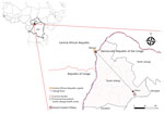 Possible transmission route of monkeypox virus between Bangui, Central African Republic, and Mbaya Health Zone, South Ubangi Province, Democratic Republic of the Congo, January 2023. Inset map shows location of countries and study area within Africa. Created with BioRender.com.